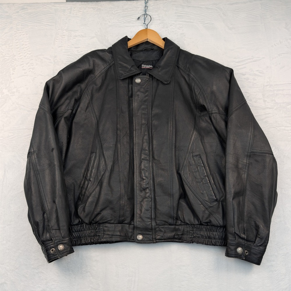 VTG Wilsons Leather Jacket Mens 2XL Black Bomber Thinsulate Biker Streetwear 90s